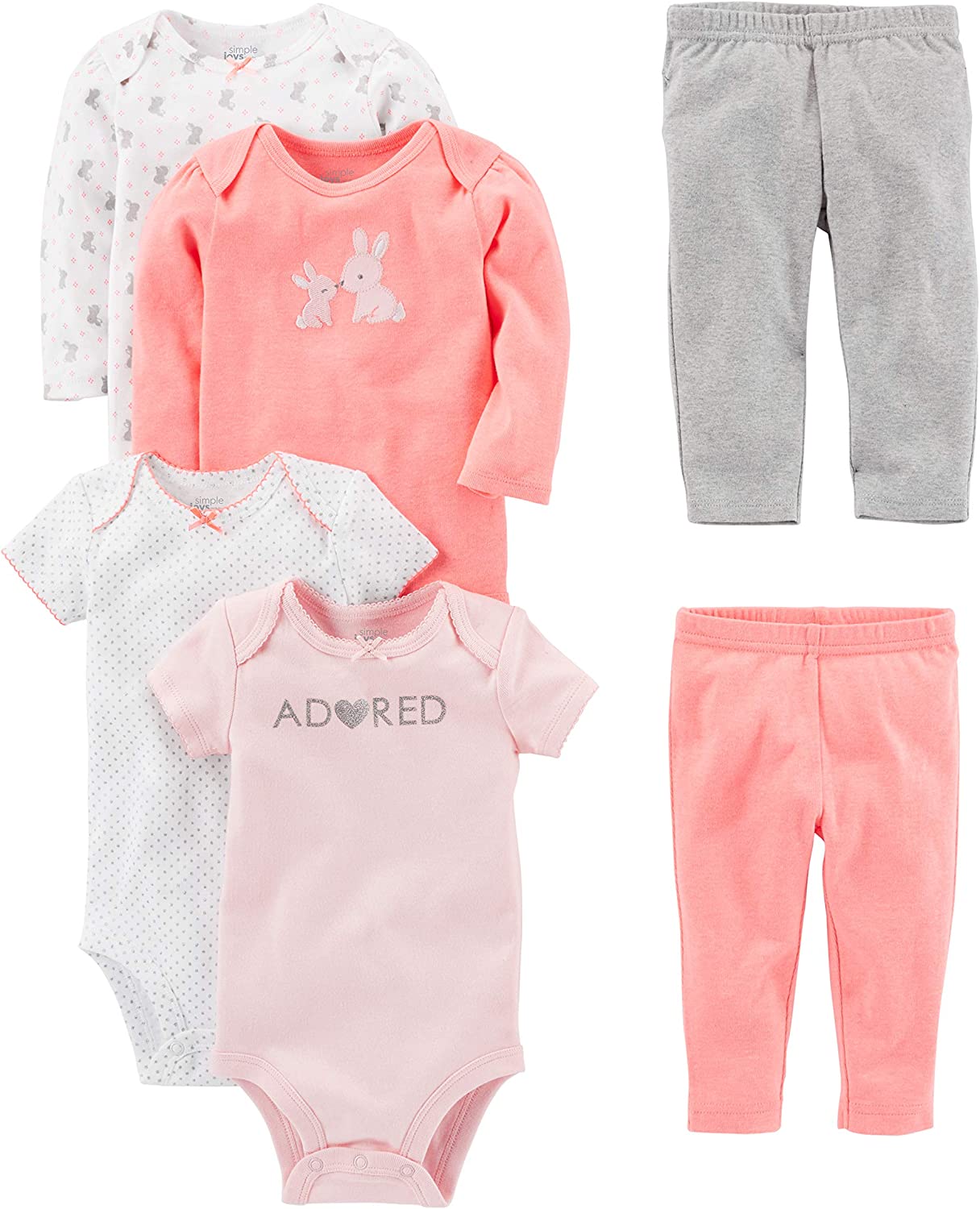 Simple Joys by Carter's Baby Girls' 6-Piece Bodysuits (Short and Long Sleeve) and Pants Set - Image 3